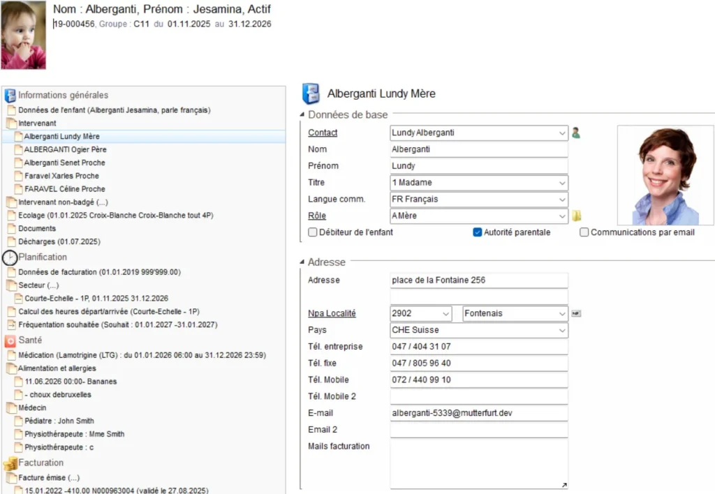 Dossier de l'enfant dans le logiciel de gestion de creche sai DayCare : coordonnees, sante, allergies, presences et facturation centralises.