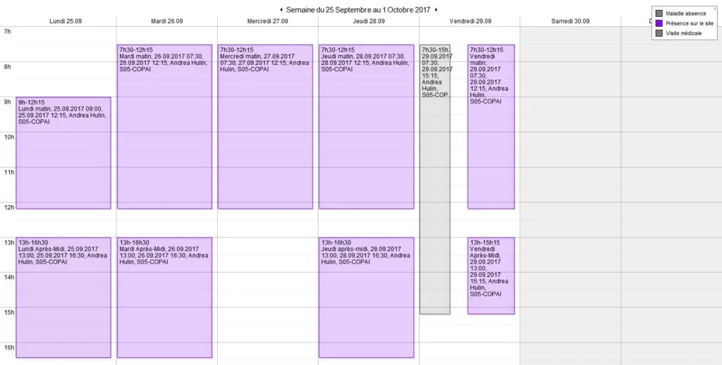 Planning hebdomadaire des formations et presences des beneficiaires dans le logiciel sai Care : blocs de presence, absences et suivi des temps.