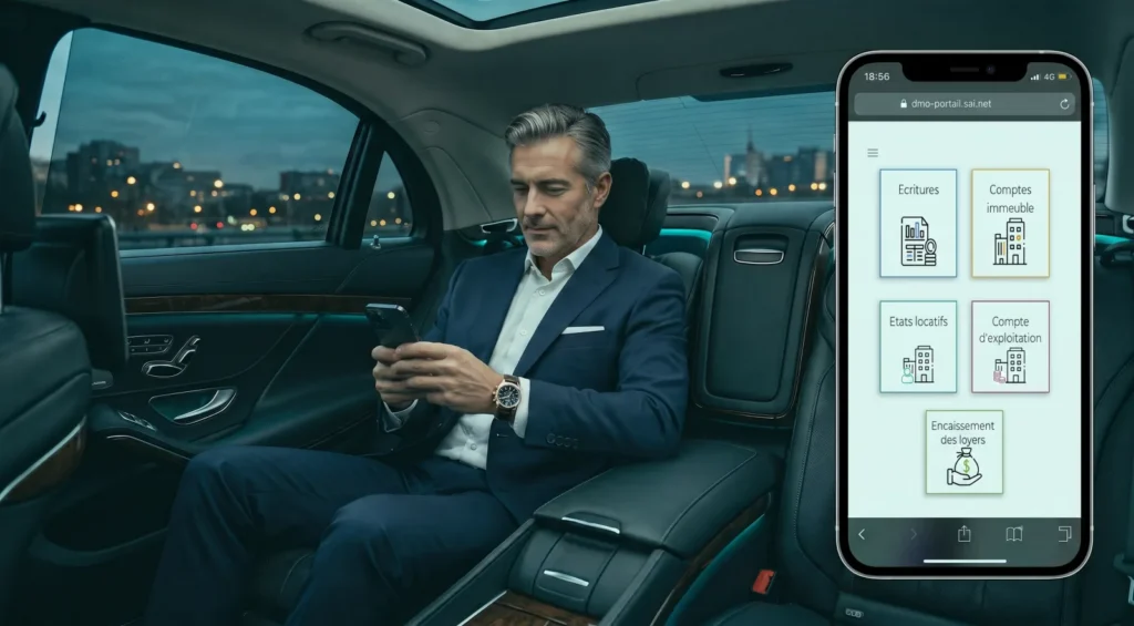 Proprietaire consultant le portail sai Estate sur smartphone depuis sa voiture : ecritures, comptes immeuble, etats locatifs, compte d'exploitation et encaissement des loyers.